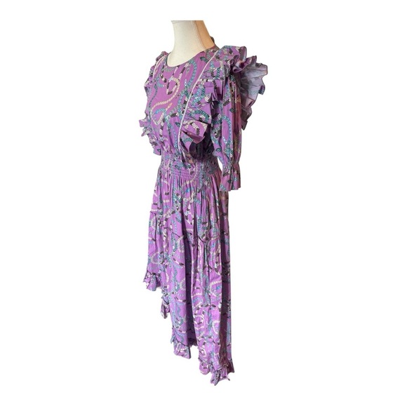 Sheridan French Sabine Asymmetrical Ruffle Maxi Dress L Purple Serpentine Boho - Picture 2 of 6